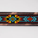 BAR H EQUINE Beaded Crystal Basket Tooled Hand Carved Western Leather Men And Women Belt Antique Brown
