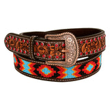 Bar H Equine Hand Tooled Genuine Leather Crafted Unisex Brown Western Belt Beaded Carving | Bead Belts for Women Men B - Large