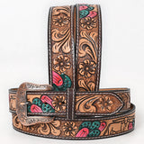 BAR H EQUINE Tan Floral Cactus Bull Hand Carved Genuine Leather Men & Women Belt Unisex Western with Removable Buckle - Large