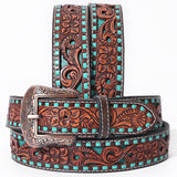 BAR H EQUINE Turquoise Buckstitch Floral Hand Carved Western Leather Men And Women Belt