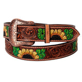 BAR H EQUINE Brown Floral Sunflower Cactus Hand Painted Genuine Leather Men & Women Belt Unisex Western with Removable Buckle - Large