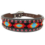 BAR H EQUINE Floral Beaded Hand Carved Western Leather Dog Collar Dark Brown - Large
