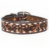 BAR H EQUINE Leaf Classic Colton Hand Carved Western Leather Dog Collar Brown - Medium