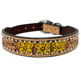 BAR H EQUINE Natural Daffodil Floral Hand Painted Western Leather Dog Collar Tan - Large