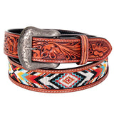 Bar H Equine Hand Tooled Genuine Leather Crafted Unisex Brown Western Belt Beaded Carving | Bead Belts for Women Men - Large