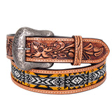 Bar H Equine Hand Tooled Genuine Leather Crafted Unisex Tan Western Belt Beaded Carving | Bead Belts for Women Men - Large