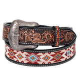 Bar H Equine Hand Tooled Genuine Leather Crafted Unisex Black Western Belt Beaded Carving | Bead Belts for Women Men - Large