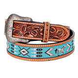 Bar H Equine Hand Tooled Genuine Leather Crafted Unisex Tan Western Belt Beaded Carving | Bead Belts for Women Men - Large
