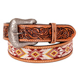 Bar H Equine Hand Tooled Genuine Leather Crafted Unisex Tan Western Belt Beaded Carving | Bead Belts for Women Men Bea - Large