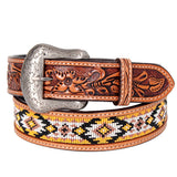 Bar H Equine Hand Tooled Genuine Leather Crafted Unisex Tan Western Belt Beaded Carving | Bead Belts for Women Men Bea - X Large