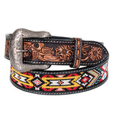 Bar H Equine Hand Tooled Genuine Leather Crafted Unisex Black Western Belt Beaded Carving | Bead Belts for Women Men B - Large