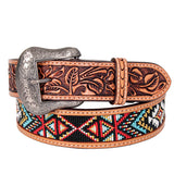 Bar H Equine Hand Tooled Genuine Leather Crafted Unisex Tan Western Belt Beaded Carving | Bead Belts for Women Men Bea - Large