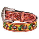 Bar H Equine Hand Tooled Genuine Leather Crafted Unisex Brown Western Belt Beaded Carving | Bead Belts for Women Men B - Small