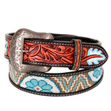 Bar H Equine Hand Tooled Genuine Leather Crafted Unisex Black Western Belt Beaded Carving | Bead Belts for Women Men B - Large
