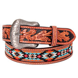 Bar H Equine Hand Tooled Genuine Leather Crafted Unisex Brown Western Belt Beaded Carving | Bead Belts for Women Men B - Large