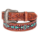Bar H Equine Hand Tooled Genuine Leather Crafted Unisex Brown Western Belt Beaded Carving | Bead Belts for Women Men B - Large