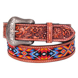 Bar H Equine Hand Tooled Genuine Leather Crafted Unisex Brown Western Belt Beaded Carving | Bead Belts for Women Men B - Large