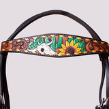 BAR H EQUINE Western Horse Floral Hand Painted Genuine Leather Headstall Brown