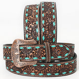 BAR H EQUINE Brown Turquoise Sunflower Floral Hand Carved Fashion Premium Leather Belt Unisex Western with Removable Buckle - Large
