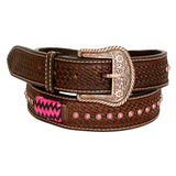 BAR H EQUINE Pink Rawhide Basket Hand Tooled Genuine Leather Belt Unisex Brown Western with Removable Buckle - Large