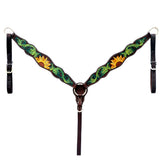 Bar H Equine Horse Genuine Leather Floral Design Hand Painted Tack Set Brown - Breast Collor