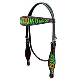 Bar H Equine Horse Genuine Leather Floral Cactus Hand Painted Breast Collar ,Headstall Brown - Headstall