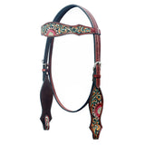 BAR H EQUINE Western Horse Floral Hand Painted Genuine Leather Headstall Dark Brown - Headstall