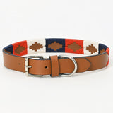 BAR H EQUINE Western Genuine Leather Dog Collar Embroidered Blue Red & White