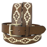 Bar H Equine Western Brown Full Grain Genuine Leather Men & Women Belt Embroidered White Unisex With Buckle - 32"