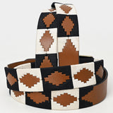 BAR H EQUINE Western Genuine Leather Men And Women Tan Belt Embroidered Black & White