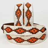 BAR H EQUINE Western Genuine Leather Men And Women Brown Belt Embroidered White & Orange