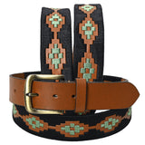 Bar H Equine Western Brown Full Grain Genuine Leather Men & Women Belt Embroidered Black Light Green with Buckle - 32"