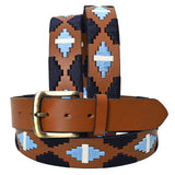 Bar H Equine Western Brown Full Grain Genuine Leather Men & Women Belt Embroidered Black Light Blue White Buckle - 34"