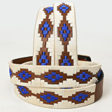Bar H Equine Western Brown Full Grain Genuine Leather Men & Women Belt Embroidered White Blue with Removable Buckle