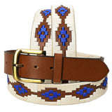 Bar H Equine Western Brown Full Grain Genuine Leather Men & Women Belt Embroidered White Blue with Buckle - 32"
