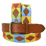 Bar H Equine Western Brown Full Grain Genuine Leather Men & Women Belt Embroidered Yellow Blue Light Green Buckle - 32"