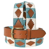 Bar H Equine Western Brown Full Grain Genuine Leather Men & Women Belt Embroidered White Sky Blue with Buckle - 32"