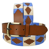 Bar H Equine Western Brown Full Grain Genuine Leather Men & Women Belt Embroidered Blue White with Buckle - 32"