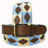 Bar H Equine Western Brown Full Grain Genuine Leather Men & Women Belt Embroidered Beige Light Blue with Buckle - 34"