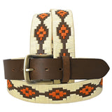 Bar H Equine Western Brown Full Grain Genuine Leather Men & Women Belt Embroidered Beige Orange with Buckle - 32"