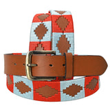 Bar H Equine Western Brown Full Grain Genuine Leather Men & Women Belt Embroidered Red Light Blue with Buckle - 32"