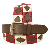 Bar H Equine Western Brown Full Grain Genuine Leather Men & Women Belt Embroidered Maroon Beige with Buckle - 32"
