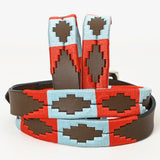 BAR H EQUINE Western Genuine Leather Men And Women Brown Belt Embroidered Red & Light Blue