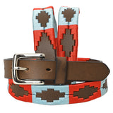 BAR H EQUINE Kids Western Leather Belt Brown Embroidered Red Light Blue - L/XL