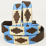 BAR H EQUINE Western Genuine Leather Men And Women Brown Belt Embroidered Beige & Light Blue