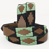 BAR H EQUINE Western Genuine Leather Men And Women Brown Belt Embroidered Black & Light Green