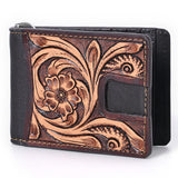 BAR H EQUINE Genuine Leather Rodeo Bifold Money Clip Wallet For Men Women Brown With Floral Hand Carved Tooled - Design2