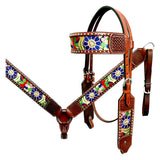 Bar H Equine Horse Genuine Leather embroidery design Breast Collar ,Headstall Brown