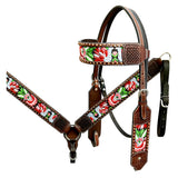 Bar H Equine Horse Genuine Leather embroidery design Breast Collar ,Headstall Brown