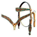Bar H Equine Horse Genuine Leather Floral Design Breast Collar ,Headstall Brown
